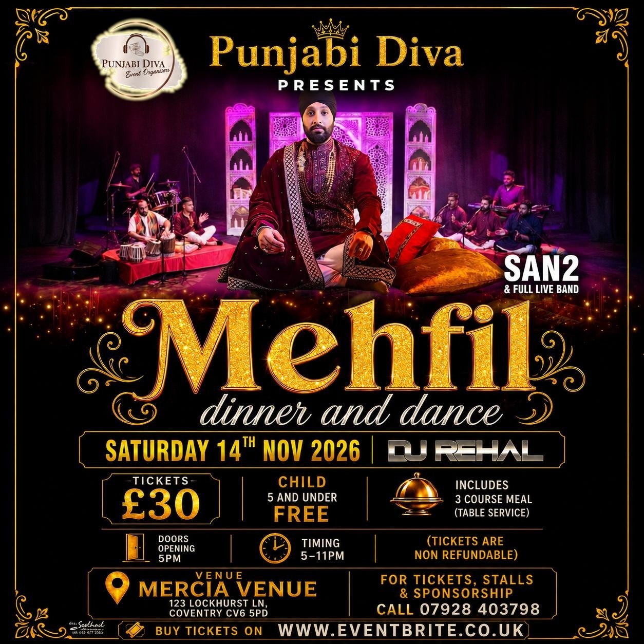 Punjabi Diva Mehfil dinner and dance poster for Coventry on 14 November 2026